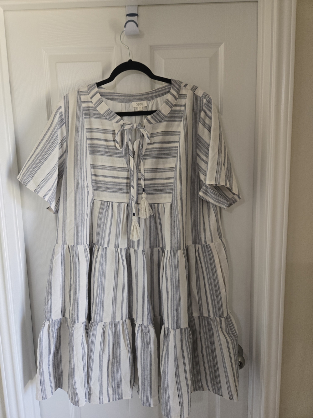 Striped Tiered Tie-Neck Mini Dress in Blue and White